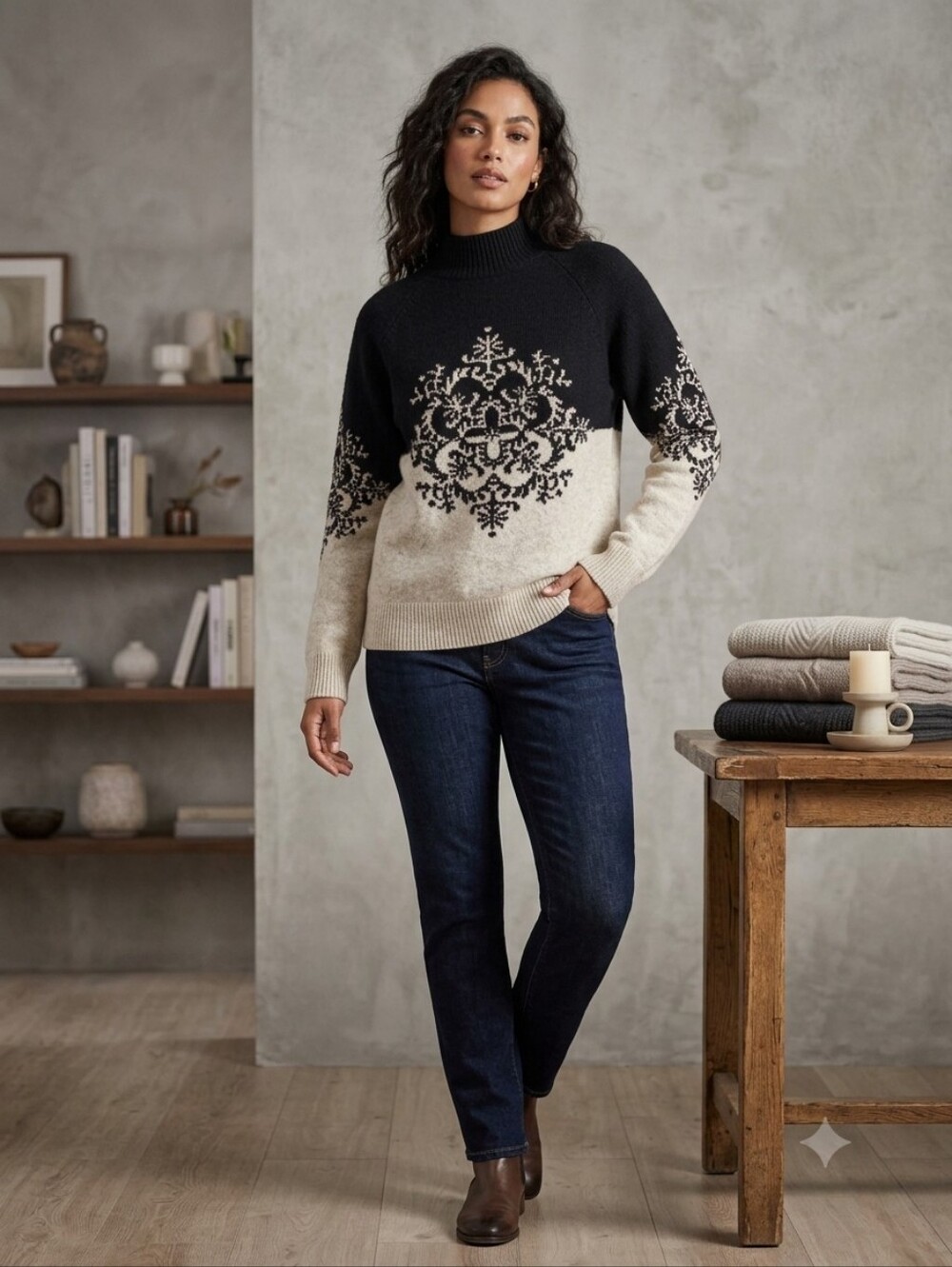 LOFT Black and Cream Patterned Sweater, Size Small
